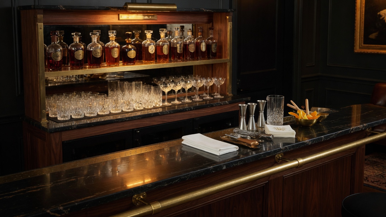 Private bar with crystal glasses, amber bottles, and a black marble bartop
