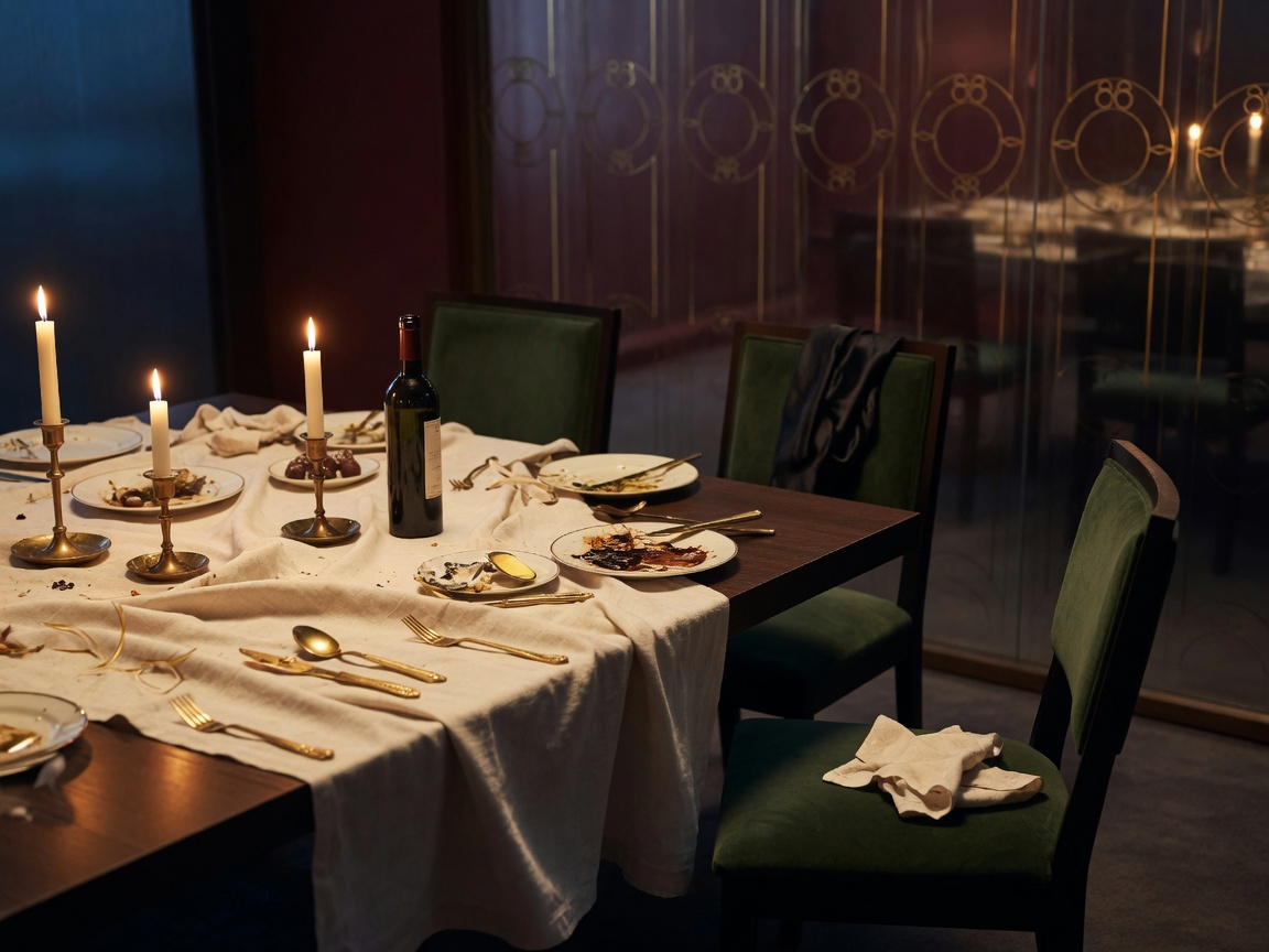A private dining table after supper, gold cutlery and candles, green velvet chairs