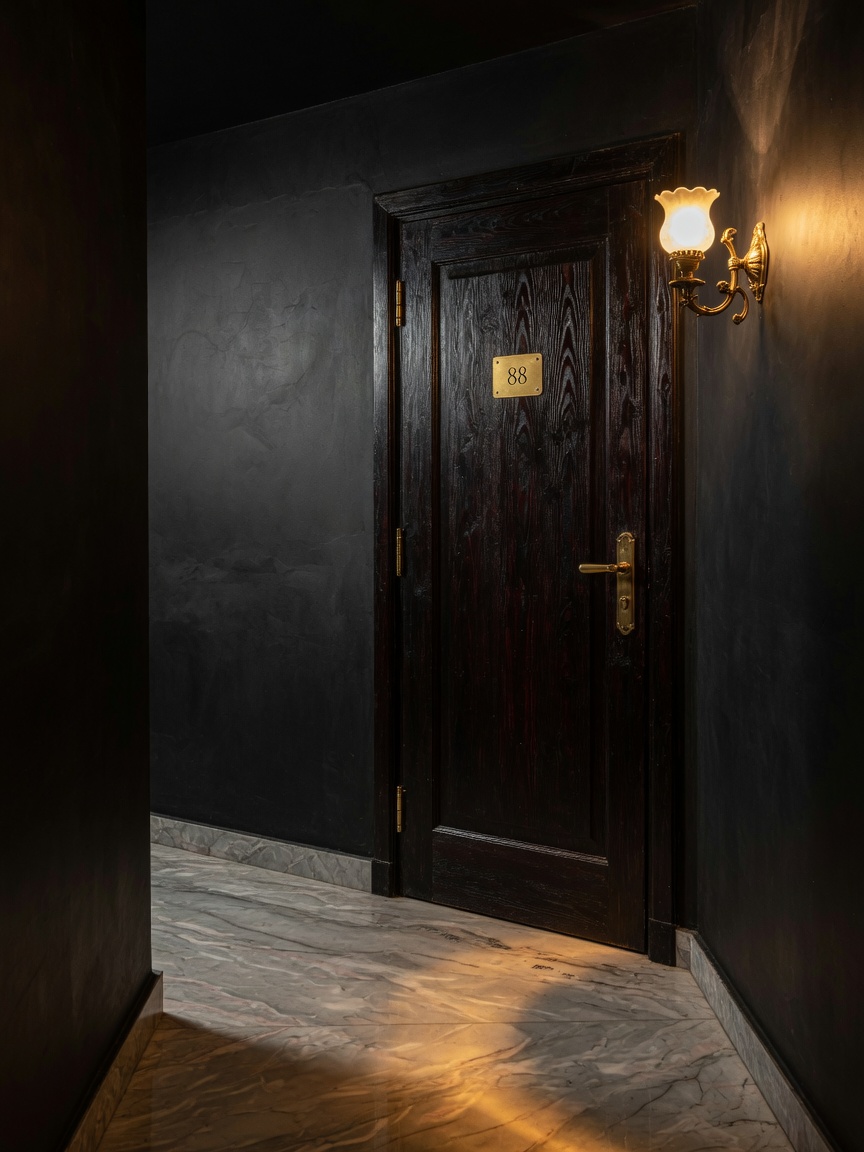A dark wood door marked only with a brass plate reading 88