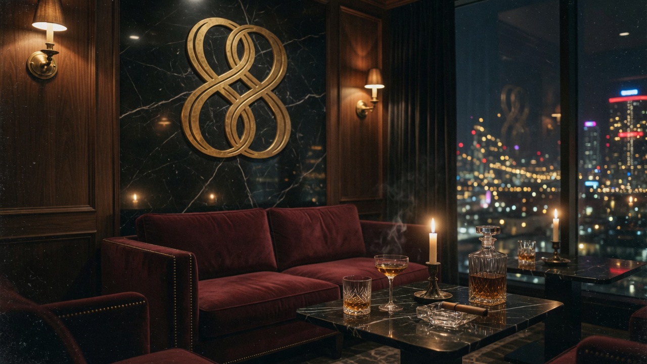 Burgundy velvet lounge with a gold interlocking 88 on black marble, city lights beyond the window