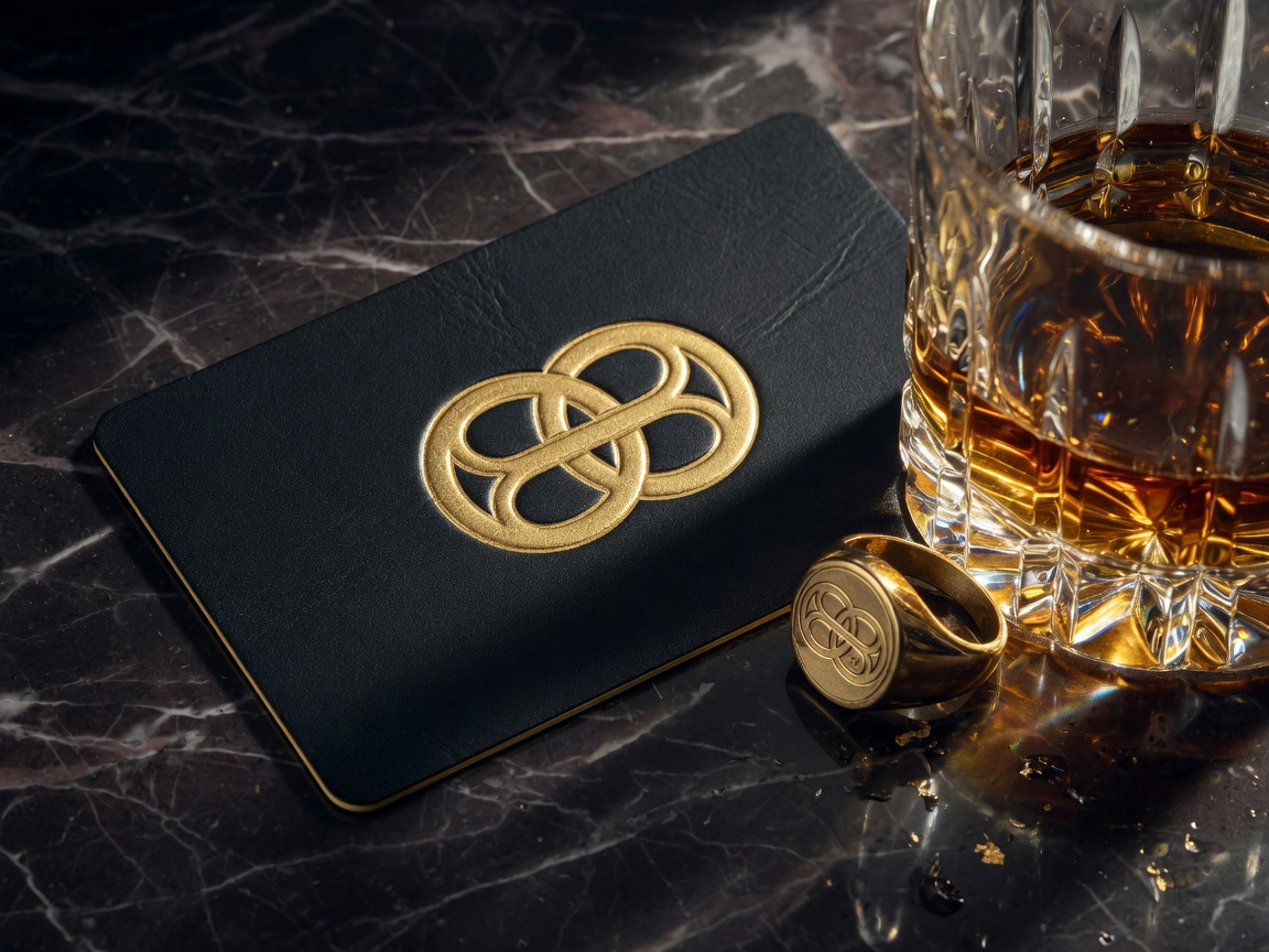 Black leather membership card with a gold interlocking 88, beside a signet ring and whiskey