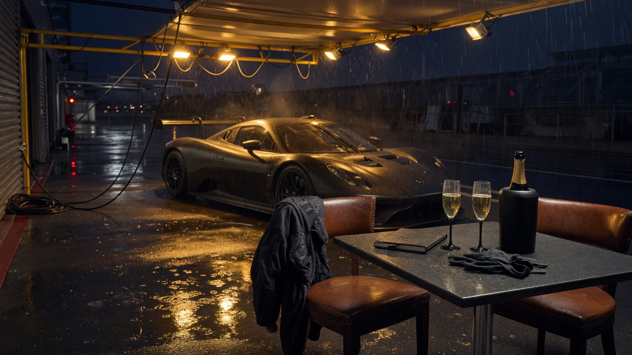 A dark racing car under gold lights in the rain, champagne waiting on a carbon table